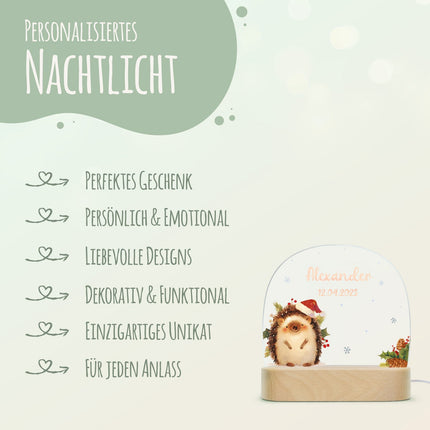 SEO. Kinder LED Nachtlicht mit Sockel aus Holz - "Weihnachtstiere" - Igel Linkreich