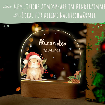 SEO. Kinder LED Nachtlicht mit Sockel aus Holz - "Weihnachtstiere" - Kaninchen Linkreich