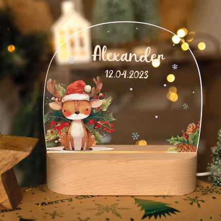 SEO. Kinder LED Nachtlicht mit Sockel aus Holz - "Weihnachtstiere" - Hirsch Linkreich