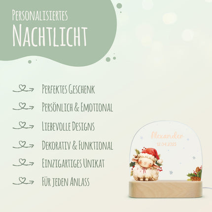 SEO. Kinder LED Nachtlicht mit Sockel aus Holz - "Weihnachtstiere" - Lamm Linkreich