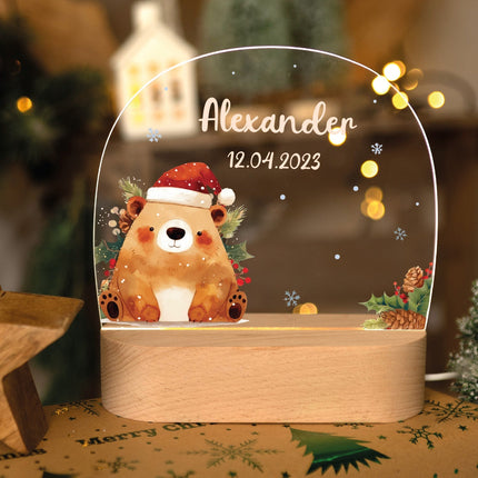 SEO. Kinder LED Nachtlicht mit Sockel aus Holz - "Weihnachtstiere" - Bär Linkreich