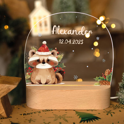 SEO. Kinder LED Nachtlicht mit Sockel aus Holz - "Weihnachtstiere" - Waschbär Linkreich