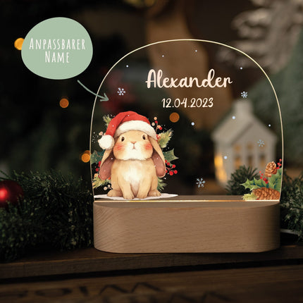 SEO. Kinder LED Nachtlicht mit Sockel aus Holz - "Weihnachtstiere" - Kaninchen Linkreich
