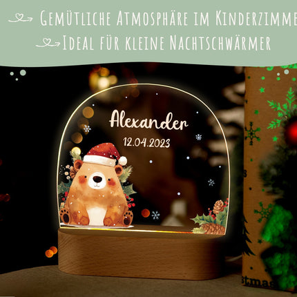 SEO. Kinder LED Nachtlicht mit Sockel aus Holz - "Weihnachtstiere" - Bär Linkreich