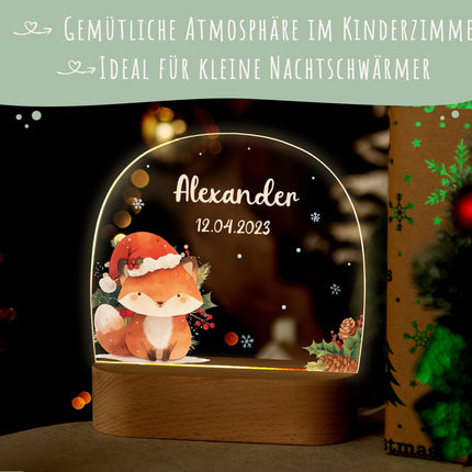 SEO. Kinder LED Nachtlicht mit Sockel aus Holz - "Weihnachtstiere" - Fuchs Linkreich
