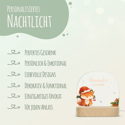 SEO. Kinder LED Nachtlicht mit Sockel aus Holz - "Weihnachtstiere" - Fuchs Linkreich