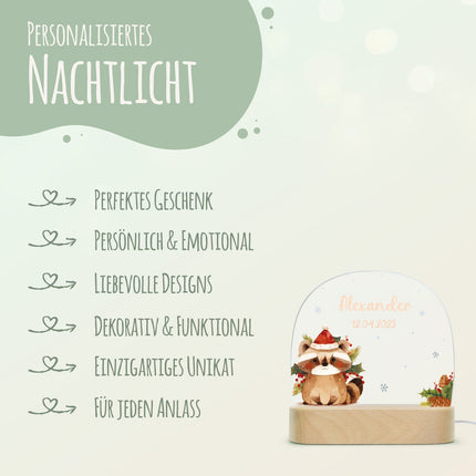 SEO. Kinder LED Nachtlicht mit Sockel aus Holz - "Weihnachtstiere" - Waschbär Linkreich