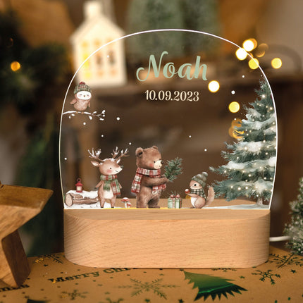 SEO. Kinder LED Nachtlicht mit Sockel aus Holz - "Weihnachtswald" - Linkreich