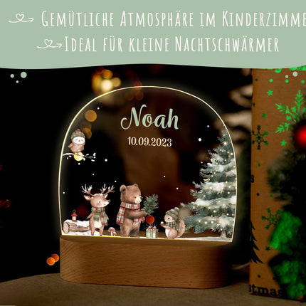 SEO. Kinder LED Nachtlicht mit Sockel aus Holz - "Weihnachtswald" - Linkreich