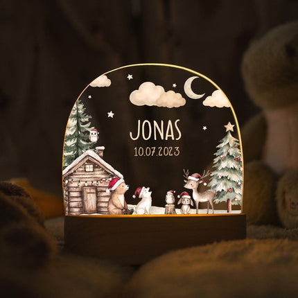 SEO. Kinder LED Nachtlicht mit Sockel aus Holz - "Winterhütte" - Linkreich