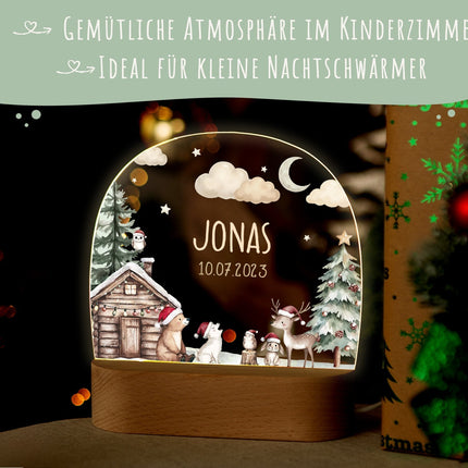 SEO. Kinder LED Nachtlicht mit Sockel aus Holz - "Winterhütte" - Linkreich