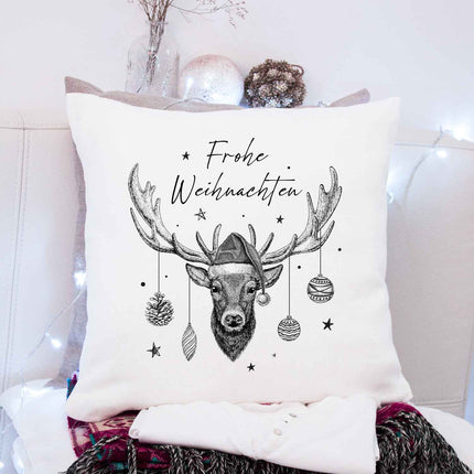 SEO. Kissen mit Weihnachtsmotiv - Frohe Weihnachten Hirsch - Weihnachtsdeko - Geschenke für Sie & Ihn - ohne Füllung Linkreich
