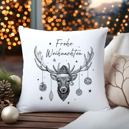 SEO. Kissen mit Weihnachtsmotiv - Frohe Weihnachten Hirsch - Weihnachtsdeko - Geschenke für Sie & Ihn - ohne Füllung Linkreich