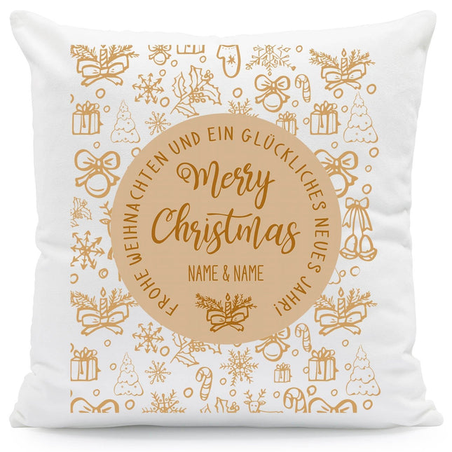 SEO. Kissen mit Weihnachtsmotiv und Name - Merry Christmas Brown - Weihnachtsdeko - Für Sie & Ihn - ohne Füllung Linkreich