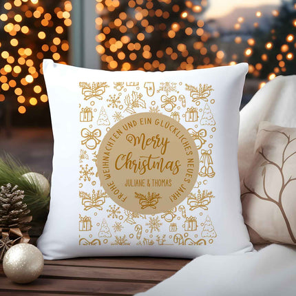 SEO. Kissen mit Weihnachtsmotiv und Name - Merry Christmas Brown - Weihnachtsdeko - Für Sie & Ihn - ohne Füllung Linkreich
