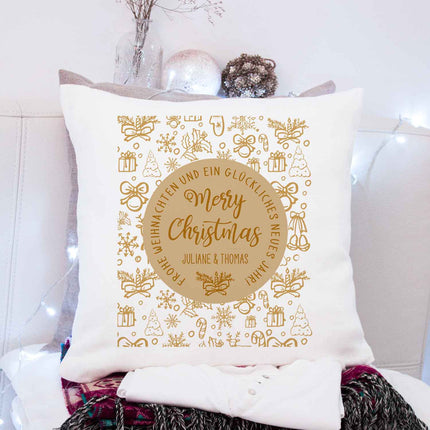 SEO. Kissen mit Weihnachtsmotiv und Name - Merry Christmas Brown - Weihnachtsdeko - Für Sie & Ihn - ohne Füllung Linkreich