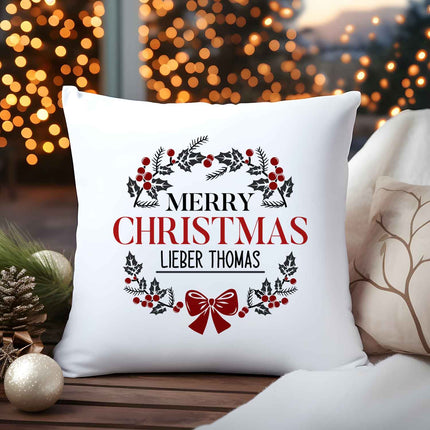 SEO. Kissen mit Weihnachtsmotiv und Name - Merry Christmas Kranz - Weihnachtsdeko - Für Frauen & Männer - ohne Füllung Linkreich