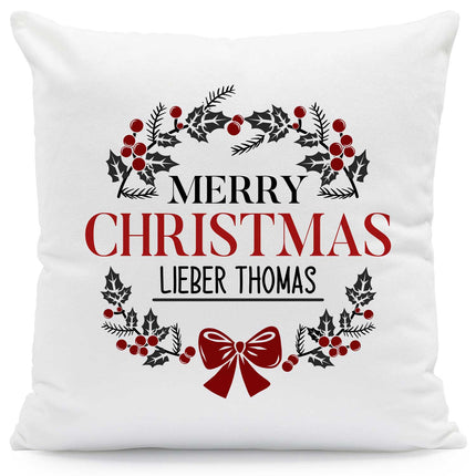 SEO. Kissen mit Weihnachtsmotiv und Name - Merry Christmas Kranz - Weihnachtsdeko - Für Frauen & Männer - ohne Füllung Linkreich