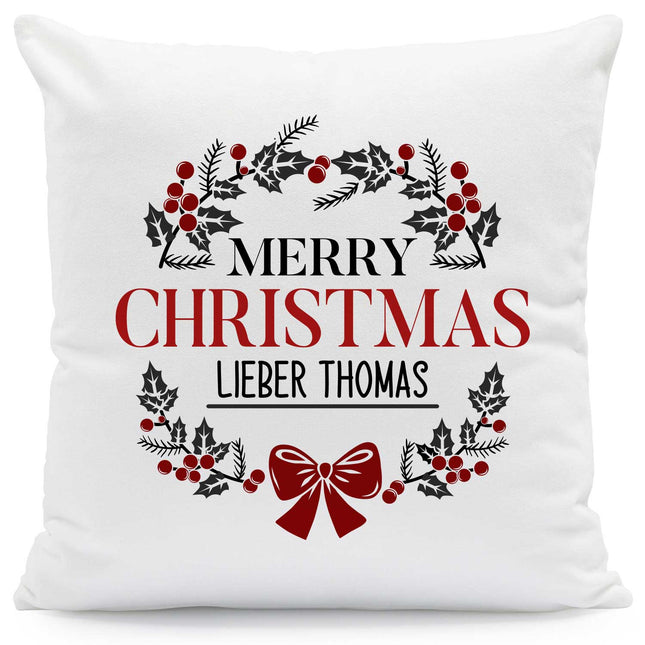 SEO. Kissen mit Weihnachtsmotiv und Name - Merry Christmas Kranz - Weihnachtsdeko - Für Frauen & Männer - ohne Füllung Linkreich