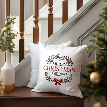SEO. Kissen mit Weihnachtsmotiv und Name - Merry Christmas Kranz - Weihnachtsdeko - Für Frauen & Männer - ohne Füllung Linkreich