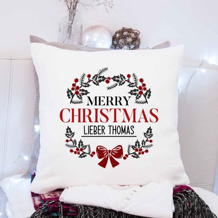 SEO. Kissen mit Weihnachtsmotiv und Name - Merry Christmas Kranz - Weihnachtsdeko - Für Frauen & Männer - ohne Füllung Linkreich