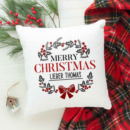 SEO. Kissen mit Weihnachtsmotiv und Name - Merry Christmas Kranz - Weihnachtsdeko - Für Frauen & Männer - ohne Füllung Linkreich