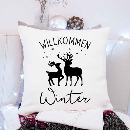 SEO. Kissen mit Weihnachtsmotiv - Willkommen Winter - Weihnachtsdeko - Geschenk für Frauen & Männer - ohne Füllung Linkreich