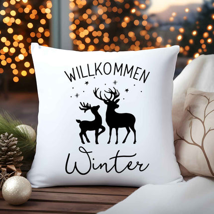 SEO. Kissen mit Weihnachtsmotiv - Willkommen Winter - Weihnachtsdeko - Geschenk für Frauen & Männer - ohne Füllung Linkreich