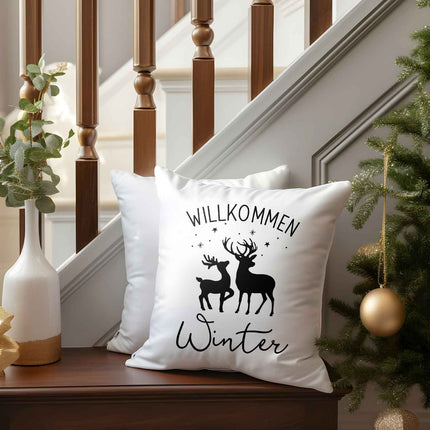 SEO. Kissen mit Weihnachtsmotiv - Willkommen Winter - Weihnachtsdeko - Geschenk für Frauen & Männer - ohne Füllung Linkreich