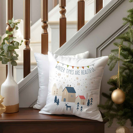 SEO. Kissen mit Weihnachtsmotiv - Winter times are beautiful - Weihnachtsdeko - Geschenk für Sie & Ihn - ohne Füllung Linkreich