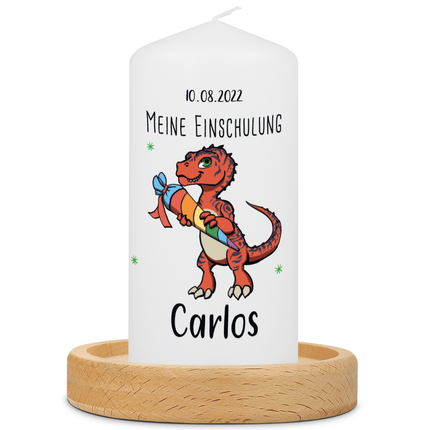 SEO. Kleine Kerze "Dino" mit Namen und Datum zur Einschulung - Linkreich