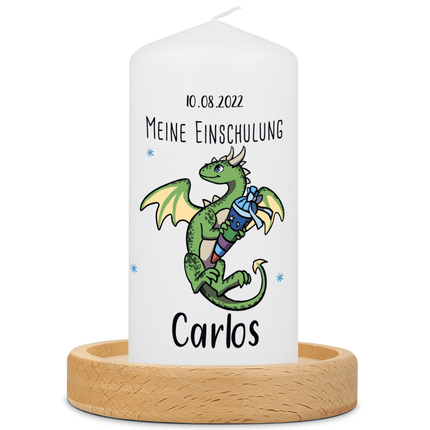 SEO. Kleine Kerze "Drache" mit Namen und Datum zur Einschulung - Blau Linkreich
