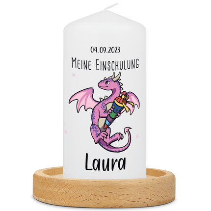 SEO. Kleine Kerze "Drache" mit Namen und Datum zur Einschulung - Blau Linkreich