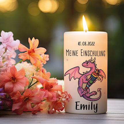 SEO. Kleine Kerze "Drache" mit Namen und Datum zur Einschulung - Blau Linkreich