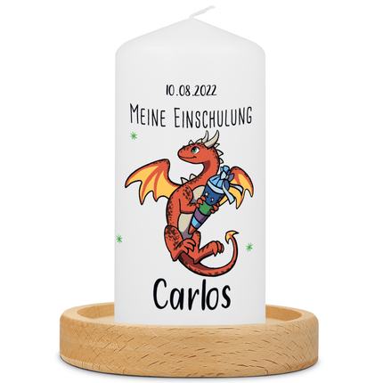 SEO. Kleine Kerze "Drache" mit Namen und Datum zur Einschulung - Blau Linkreich