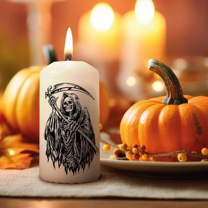 SEO. Kleine Kerze "Grim Reaper" mit Namen zu Halloween - Nein danke! Linkreich