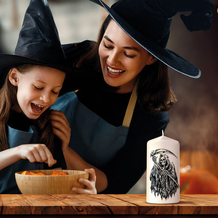 SEO. Kleine Kerze "Grim Reaper" mit Namen zu Halloween - Nein danke! Linkreich