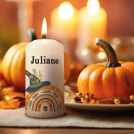 SEO. Kleine Kerze "Halloween Regenbogen" mit Namen - Linkreich