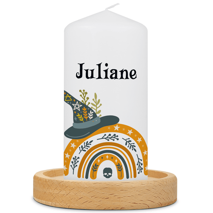 SEO. Kleine Kerze "Halloween Regenbogen" mit Namen - Linkreich