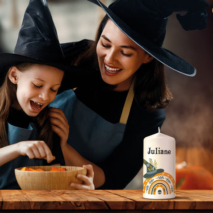 SEO. Kleine Kerze "Halloween Regenbogen" mit Namen - Linkreich