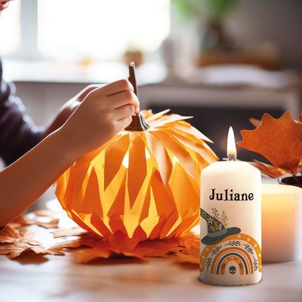 SEO. Kleine Kerze "Halloween Regenbogen" mit Namen - Linkreich
