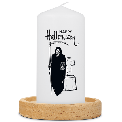 SEO. Kleine Kerze "Happy Halloween" mit Namen - Sensenmann Linkreich