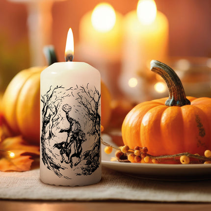 SEO. Kleine Kerze "Kopfloser Reiter" mit Namen zu Halloween - Linkreich
