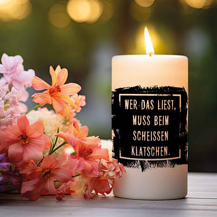 SEO. Kleine Kerze mit Spruch "Beim Scheissen klatschen" - Rosa Linkreich