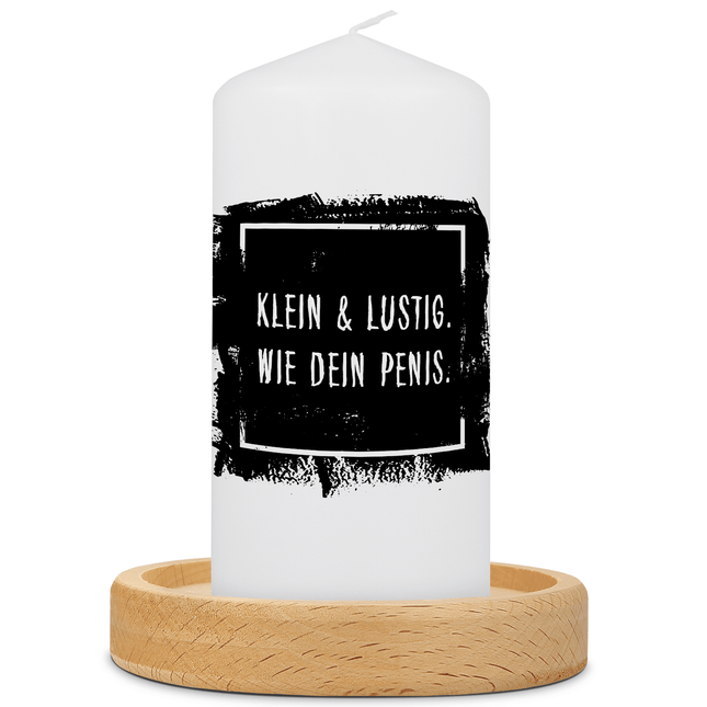 SEO. Kleine Kerze mit Spruch "Klein & Lustig" - Schwarz Linkreich