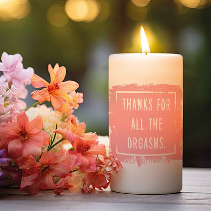 SEO. Kleine Kerze mit Spruch "Thanks for all the Orgasms" - Rosa Linkreich