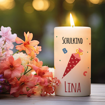 SEO. Kleine Kerze "Schultüte" mit Namen zur Einschulung - Blau Linkreich