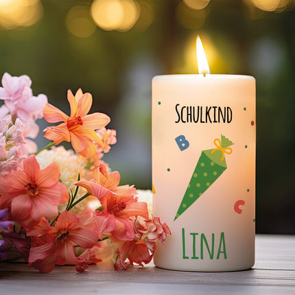 SEO. Kleine Kerze "Schultüte" mit Namen zur Einschulung - Blau Linkreich