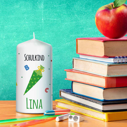 SEO. Kleine Kerze "Schultüte" mit Namen zur Einschulung - Blau Linkreich