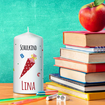 SEO. Kleine Kerze "Schultüte" mit Namen zur Einschulung - Blau Linkreich